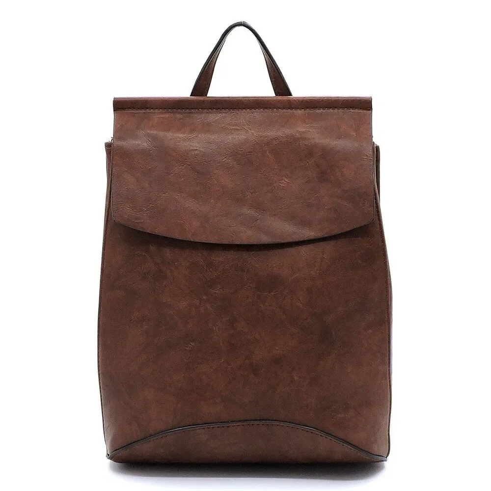Brown Medium Size Flap Backpack With Zip Top Closure Adjustable Straps